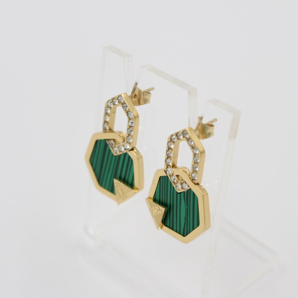PE GEO SHINY GP IP MALACHITE CRYSTALS EARRINGS