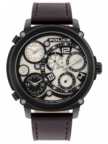 POLICE WATCH PL G TITAN BLK CASE BEIGE DIAL BRN LEATHER 