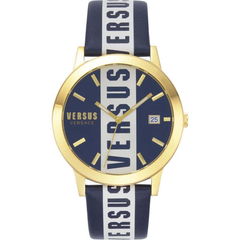 Versus Versace Barbes with Stainless steel case, with diameter 45 mm, Blue dial and Black Leather band.