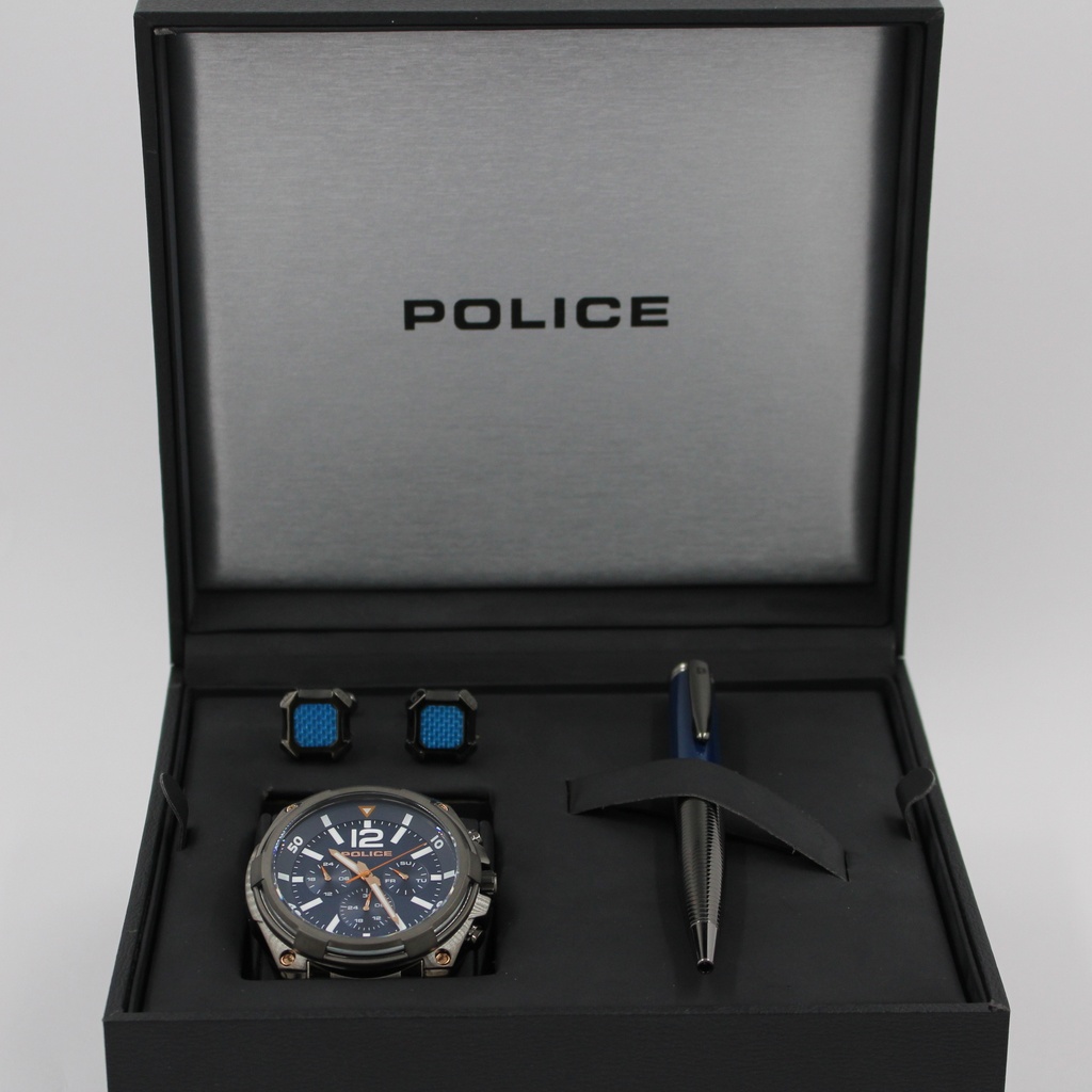 POLICE MENS WATCH+PEN+CFL 3 PCS SET BLUE