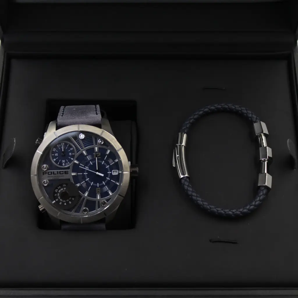 POLICE MENS WATCH BLUE STRIP+BRACELET (2 PCS SET)