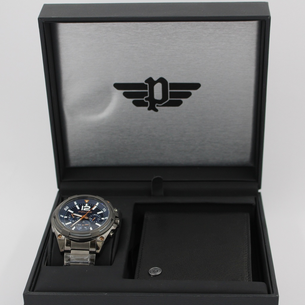 POLICE MENS WATCH SS BLUE+WALLET (2 PCS SET)