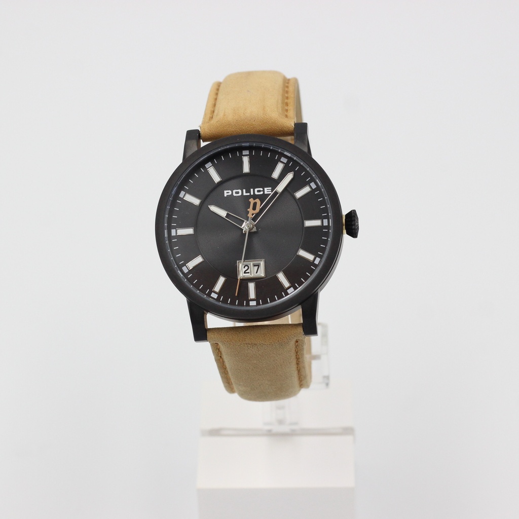POLICE G COLLIN BLK CASE BLK DIAL BRN LTR STR P 15404JSB-02A