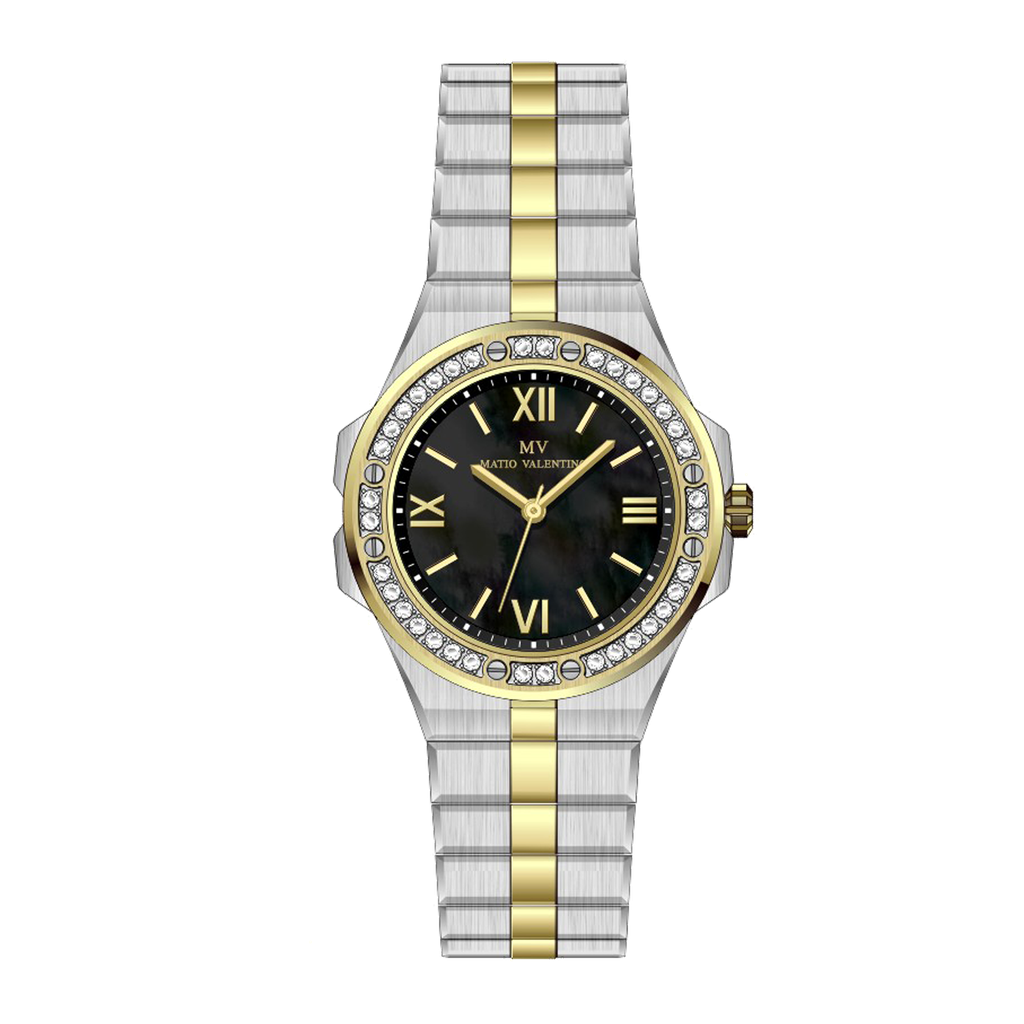 MATIO VALENTINO (W) WATCH 2 TONE BLACK DIAL ROMAN NO.