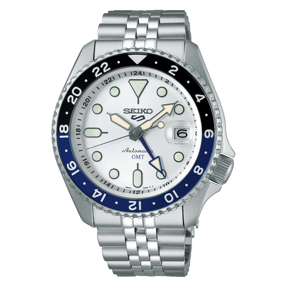 Seiko SSK033K1 5 Sports SKX GMT Sky Blue Silver Cloud Silver Watch