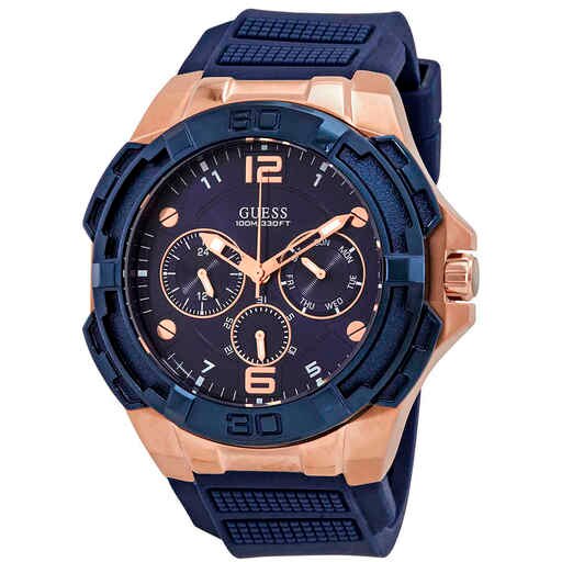 GUESS Men's Rose Gold Genesis Blue Silicone Watch
