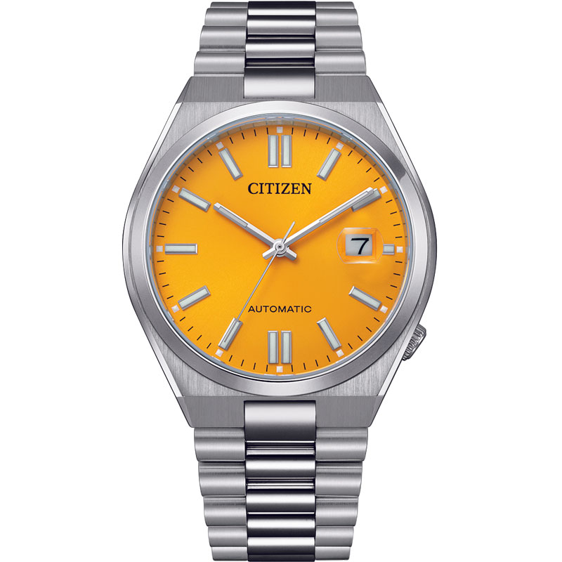 Citizen automatic watch with a bold orange dial and stainless-steel bracelet