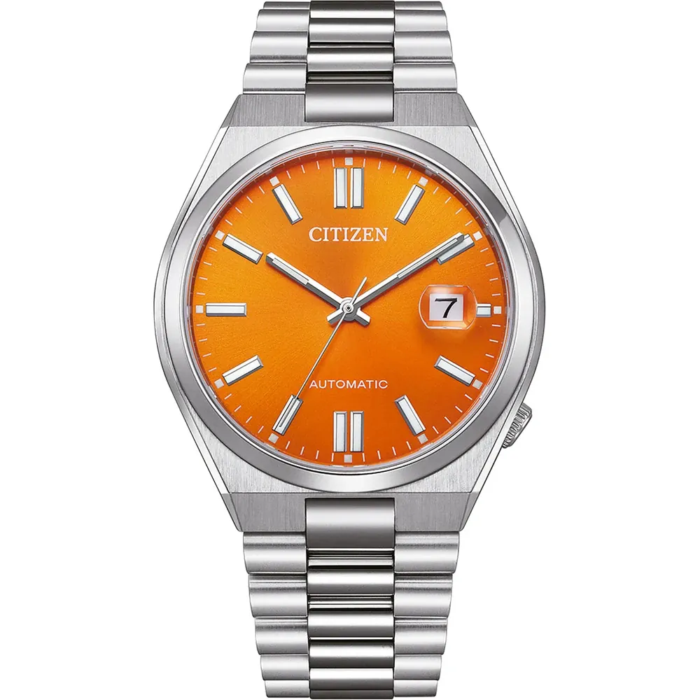 Citizen automatic watch with a vibrant orange dial and stainless-steel bracelet