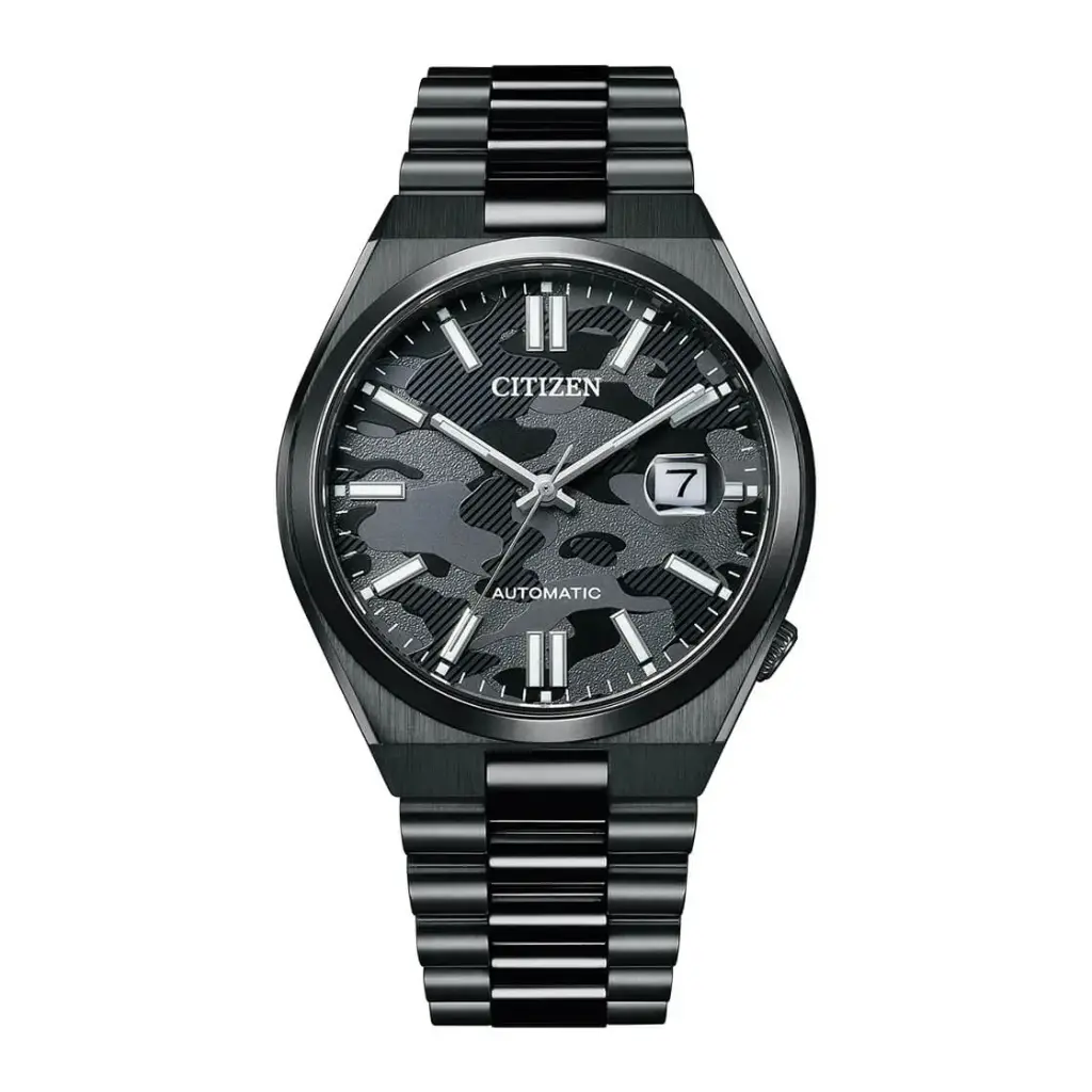 CITIZEN black with a stainless steel bracelet, automatic movement, and a sleek black dial with date display 005