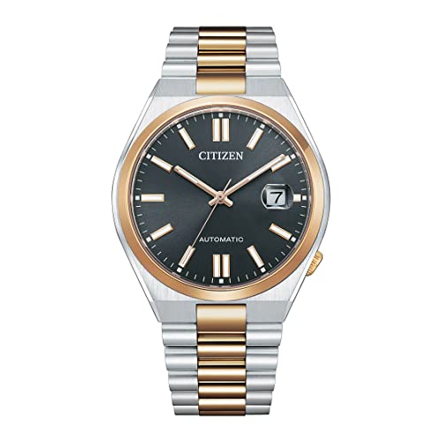 Citizen automatic watch features a sleek black dial, two-tone stainless-steel bracelet in silver and rose gold