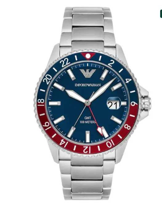 Emporio Armani GMT Silver Stainless Steel Blue Dial Quartz Watch AR11590