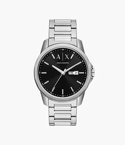  Armani Exchange Three-Hand Day-Date Stainless Steel Watch
