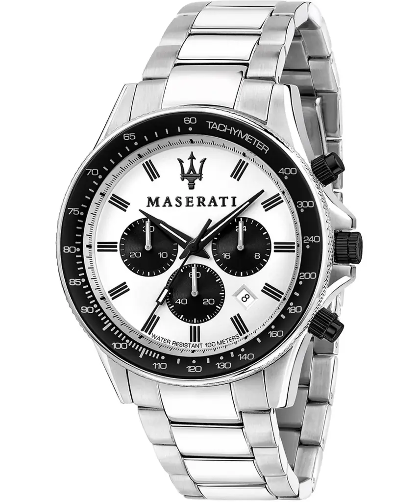 Maserati SFIDA Chronograph White Dial Silver Steel Strap Watch For Men - R8873640003