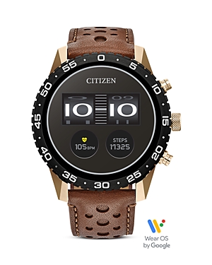 Citizen CZ Smart Touchscreen Unisex Gold Tone Stainless Steel Sport Smart Watch with Brown Perforated Leather Strap - MX1016-28X, Large