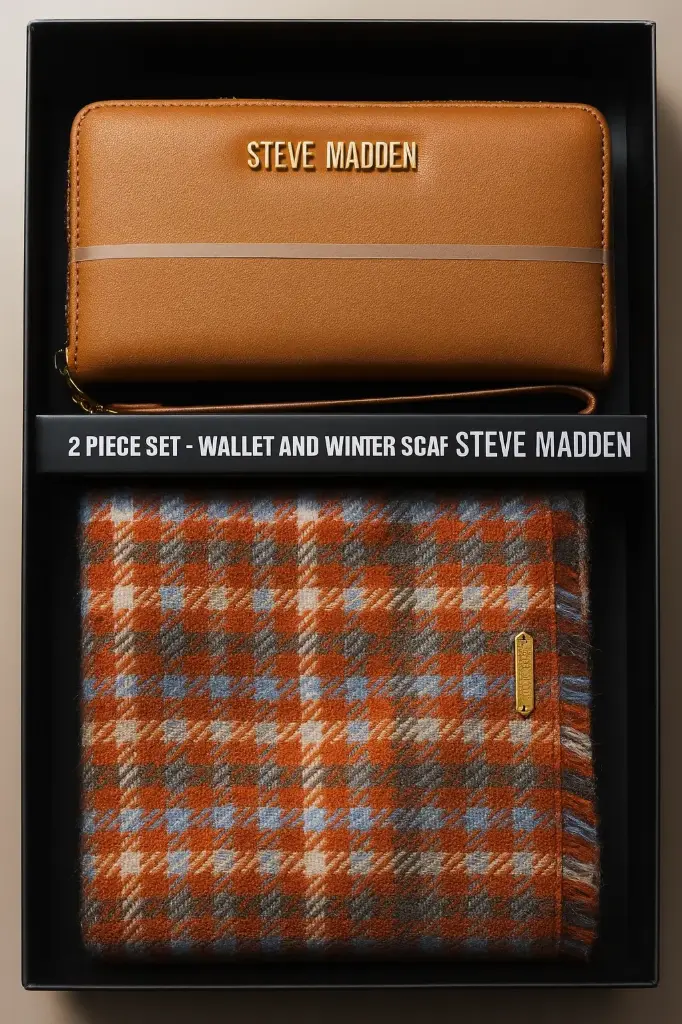 Steve Madden/ brown leather wallet and a plaid winter scarf