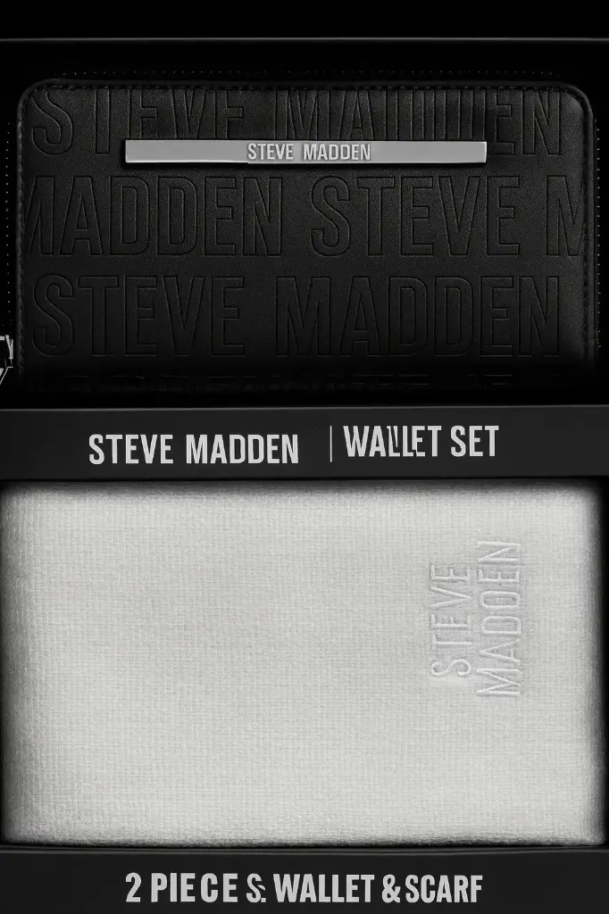 Steve Madden a black embossed logo wallet and a soft white winter scarf