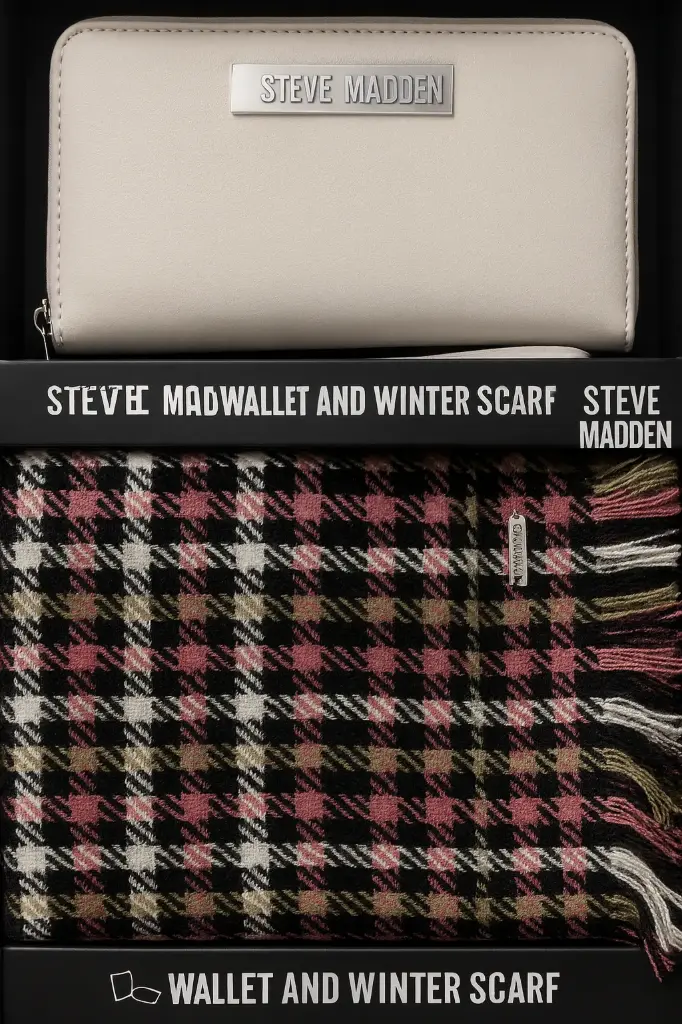 Steve Madden light beige wallet and a plaid winter scarf in black, pink, and olive tones