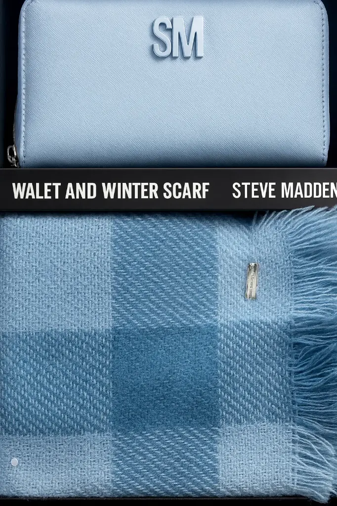 Steve Madden wallet with "SM" logo+winter scarf in matching blue tones.