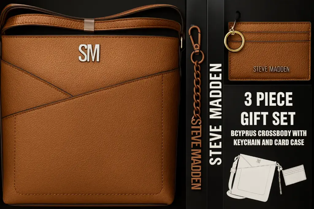 Steve Madden brown crossbody bag with matching keychain and card case
