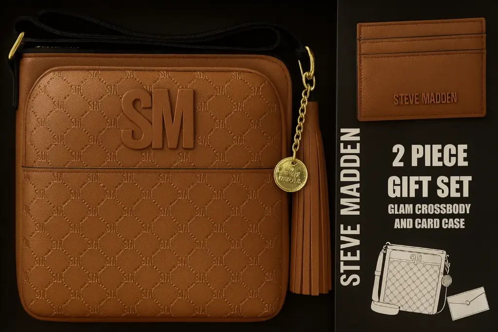 Steve Madden brown crossbody bag with gold accents and a matching card case.