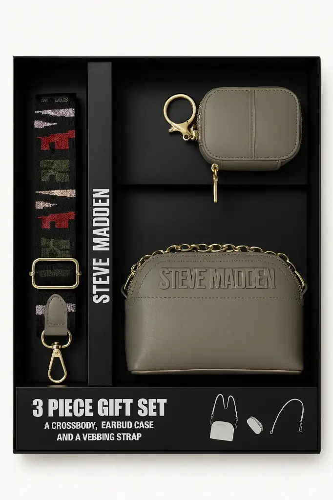 Steve Madden crossbody bag, earbud case, and a colorful webbing strap