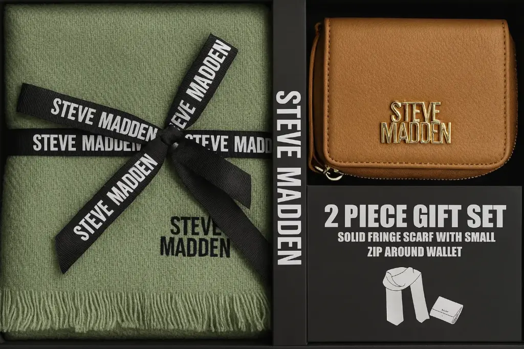 Steve Madden Green fringed scarf paired with a tan zip-around wallet featuring a gold-tone logo.