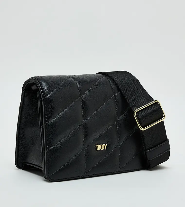 DKNY Crossbody Bag with adjustable wide strap and sleek gold-tone logo detail.