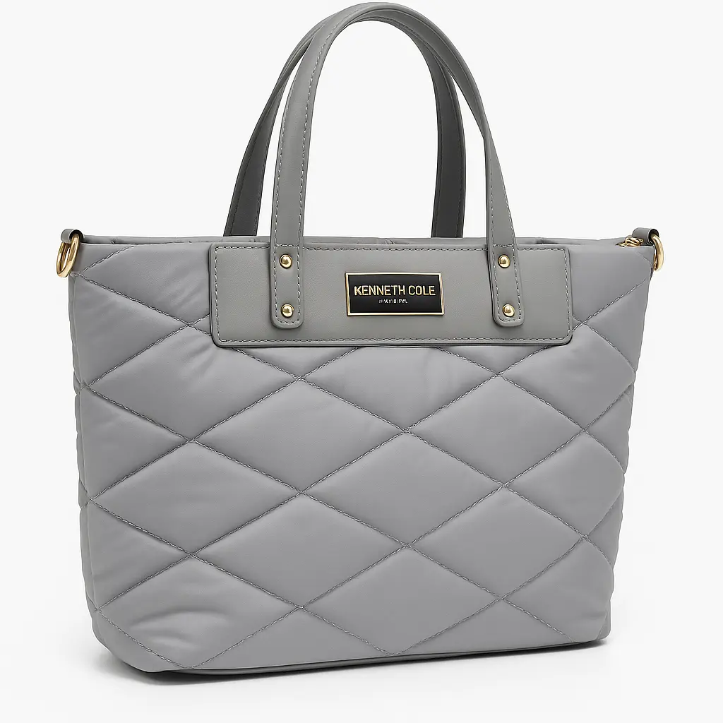 KENNETH COLE Light Gray Quilted Tote Bag featuring a chic design with gold-tone logo plaque