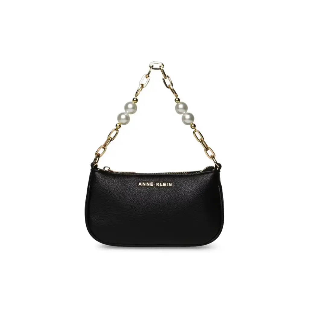 Anne Klein Black Mini Handbag featuring a gold-tone chain strap with pearl accents