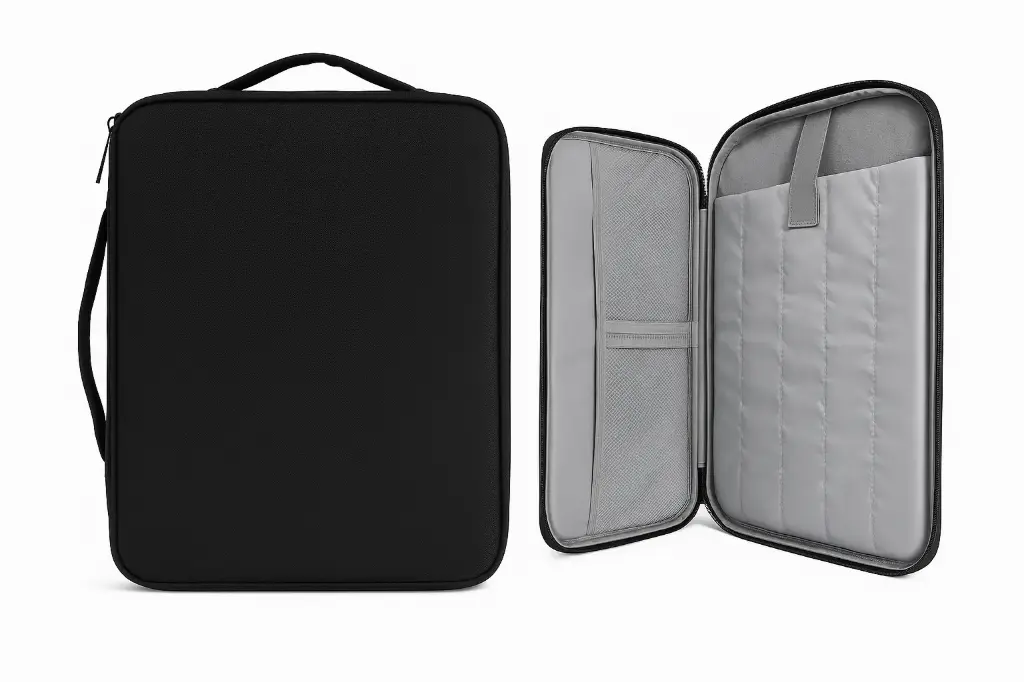 Black padded laptop sleeve with organized grey interior