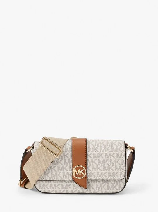 MICHAEL KORS crossbody bag in off-white monogram design with brown leather details