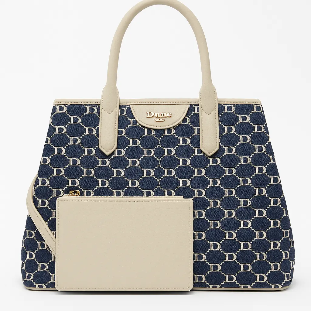DUNE LONDON BAG in navy with signature D pattern and beige mini pouch