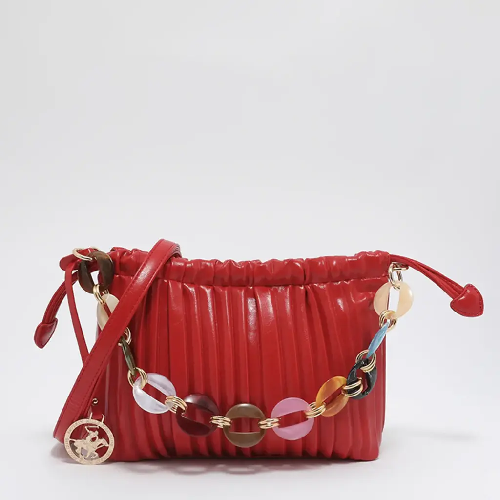 BEVERLY HILLS POLO CLUB small red handbag with pleated design and colorful chain detail