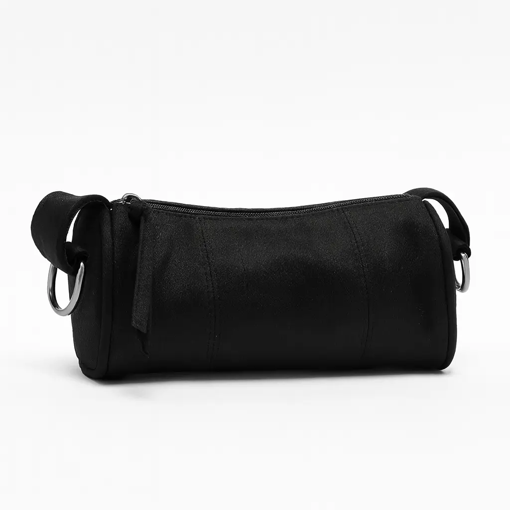 HUGO BOSS small cylindrical black handbag with top zipper and sleek metallic rings