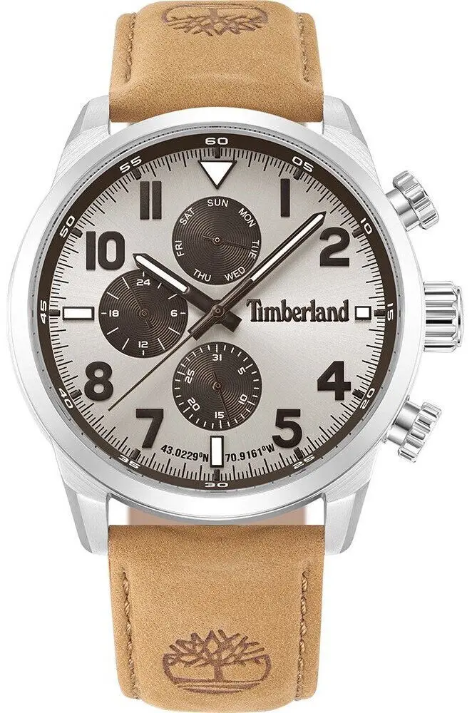 TIMBERLAND Men’s Chronograph Watch with silver dial and embossed brown leather strap TDWGF0009503