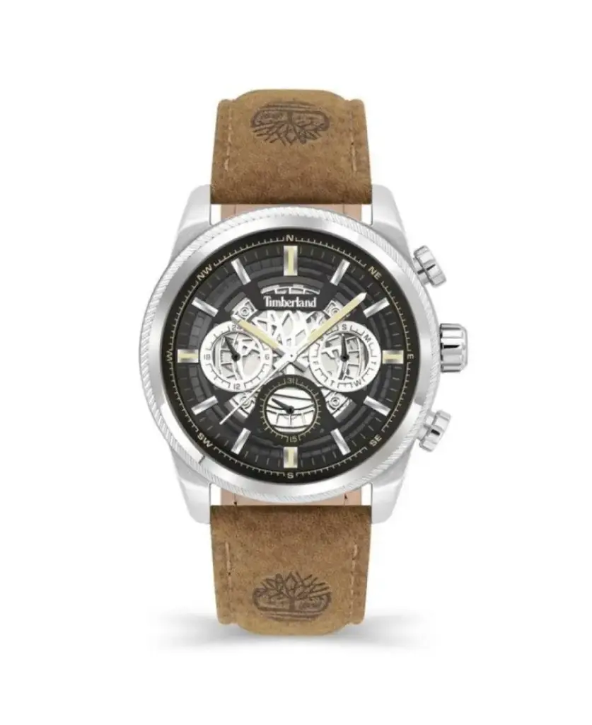 TIMBERLAND Men’s Chronograph Watch with black dial and embossed brown leather strap