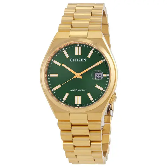 Citizen automatic watch in luxurious gold with a refined green dial and practical date display.