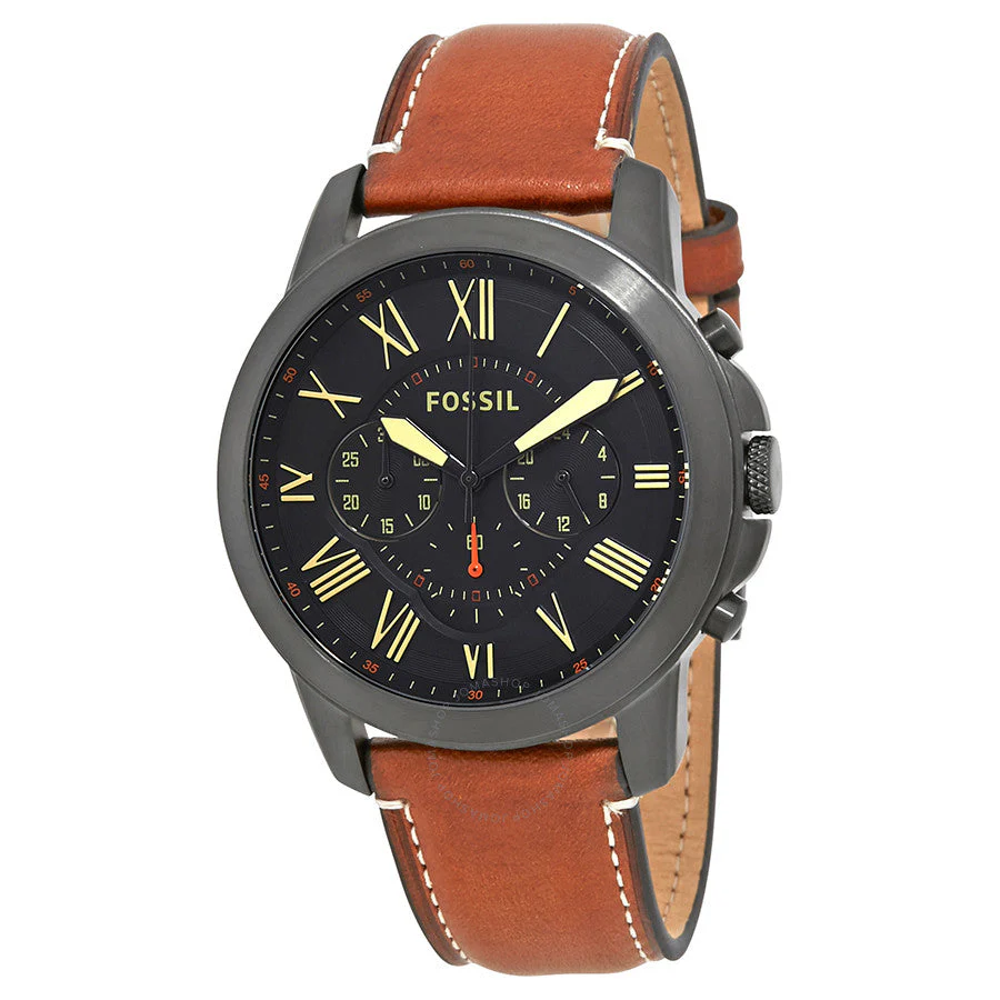 FOSSIL Grant Chronograph Black Dial Brown Leather Strap Watch-FS5241