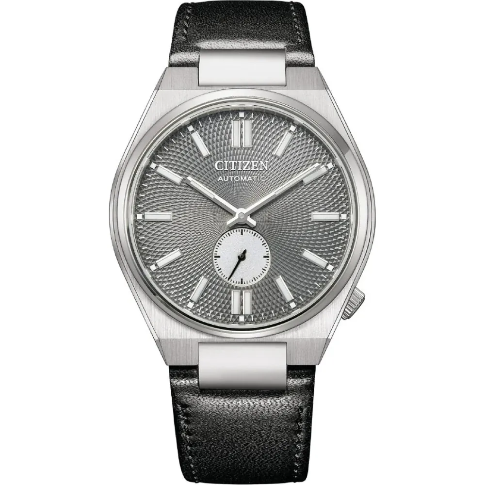 ساعة Citizen Automatic تجمع بين الميناء الرمادي المحكم والحزام الجلدي الأسود