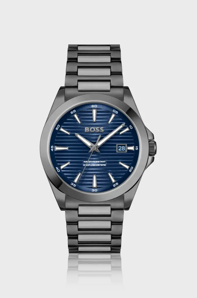 Hugo Boss Grey-Plated Blue Ridged Dial Watch-HB1514175