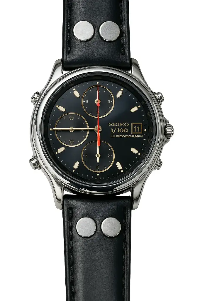 SEIKO men’s chronograph watch with a black dial and sporty leather strap