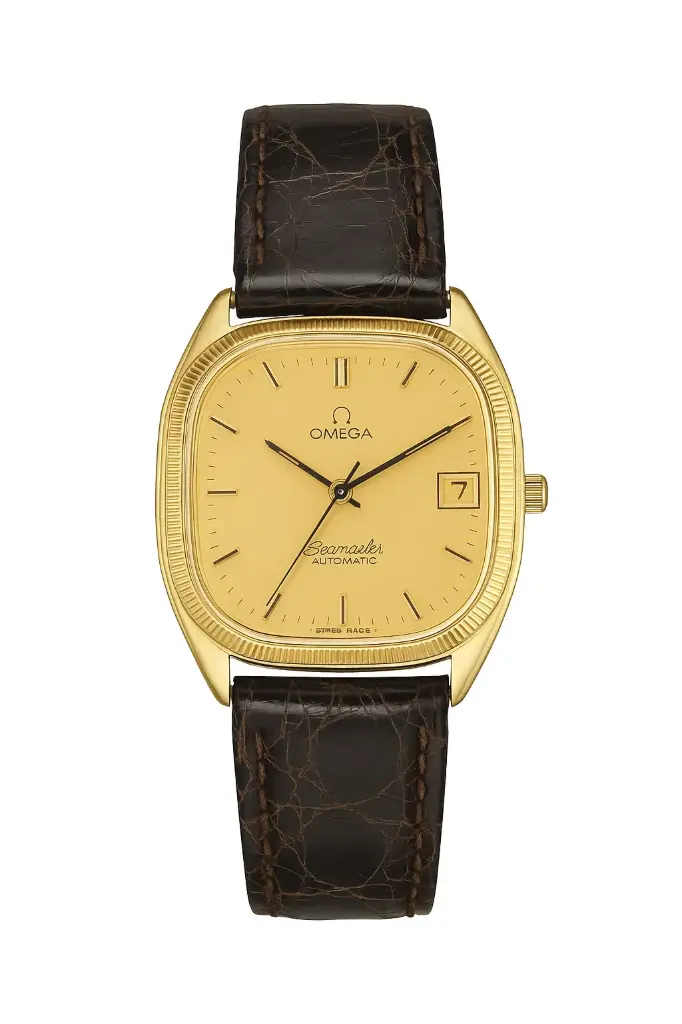 OMEGA a gold-tone case, gold dial, and brown leather strap