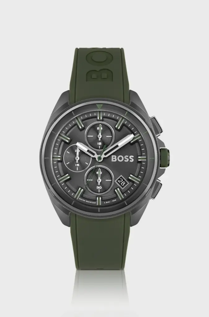 HUGO BOSS Grey-plated chronograph watch olive silicone strap