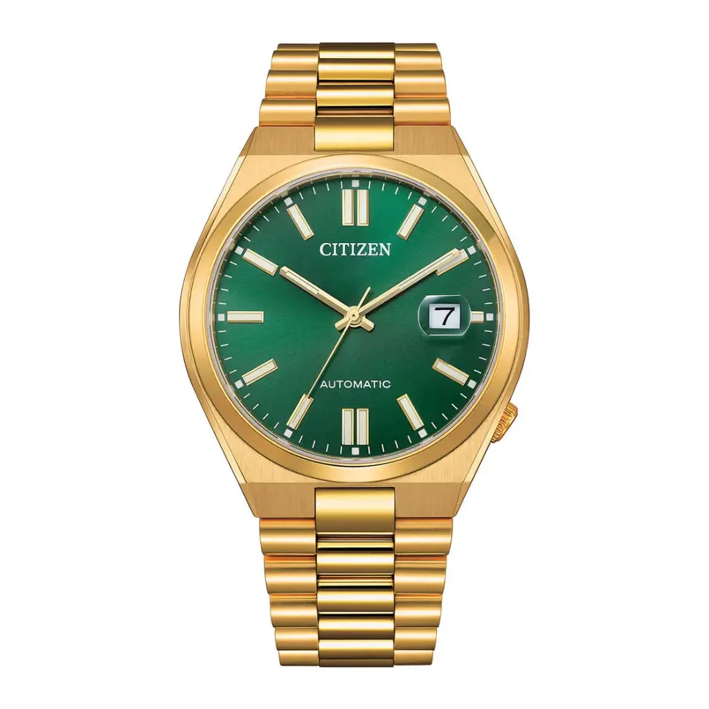 Citizen automatic watch in luxurious gold with a refined green dial and practical date display.