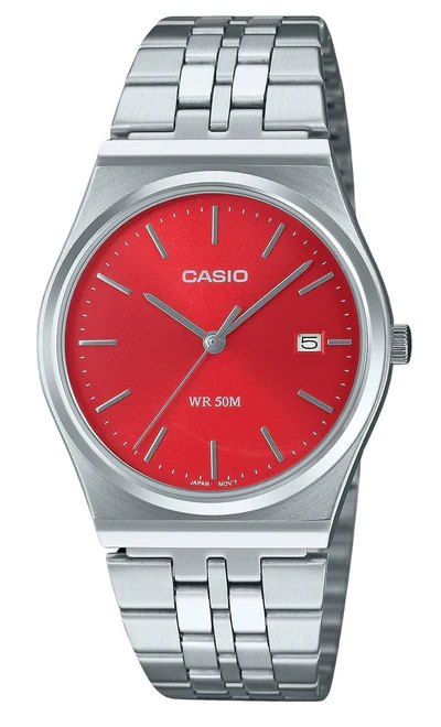 Casio Standard Analog Stainless Steel Red Dial Quartz Unisex Watch
