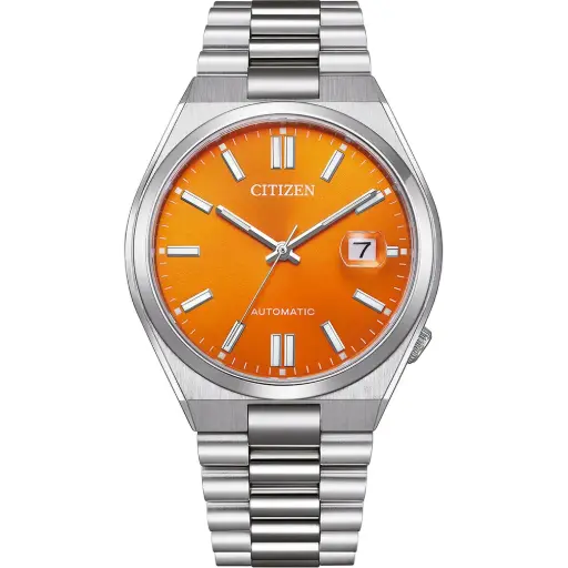 [NJ0151-88Z] Citizen automatic watch with a vibrant orange dial and stainless-steel bracelet