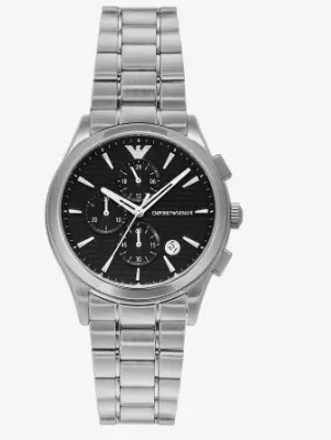 [AR11602] Emporio Armani Silver Steel Watch with Black Dial and Chronograph AR11602