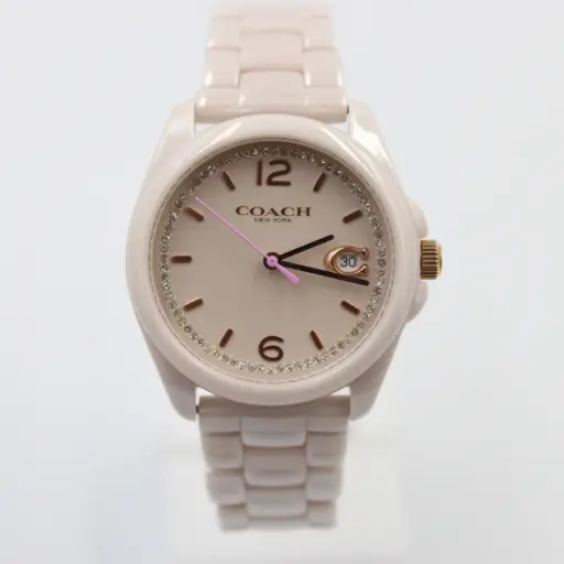 [1507232136] COACH Women’s Watch – Pink Ceramic with Crystal Accents 1507232136