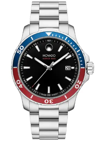 Movado Series 800 Blue and Red Dial Stainless Steel Watch