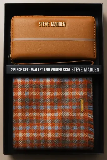 [SMG1200] Steve Madden/ brown leather wallet and a plaid winter scarf